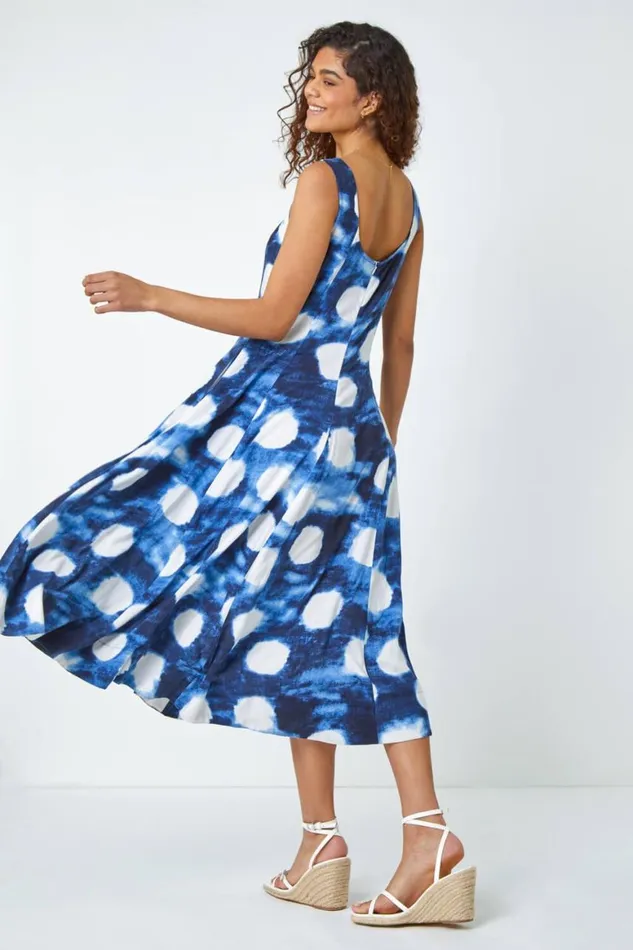 Women Navy Abstract Spot Print Panelled Midi Dress Roman Dresses