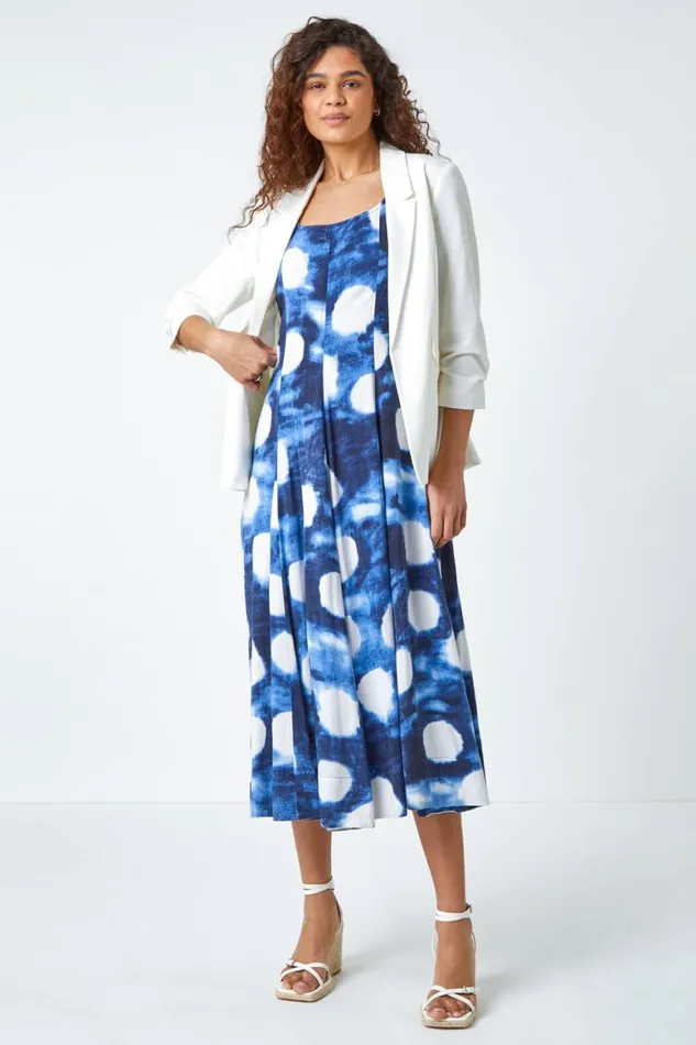 Women Navy Abstract Spot Print Panelled Midi Dress Roman Dresses