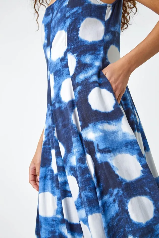 Women Navy Abstract Spot Print Panelled Midi Dress Roman Dresses