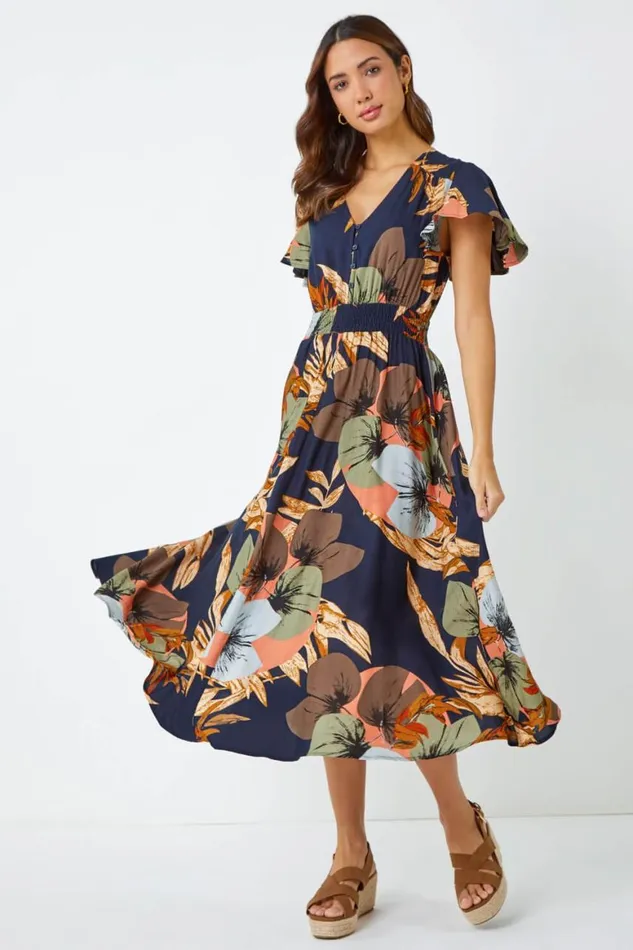 Women Navy Angel Sleeve Floral Print Midi Dress Roman Dresses