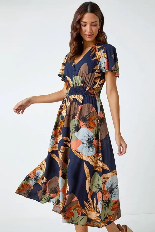 Women Navy Angel Sleeve Floral Print Midi Dress Roman Dresses