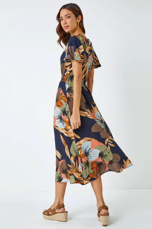Women Navy Angel Sleeve Floral Print Midi Dress Roman Dresses