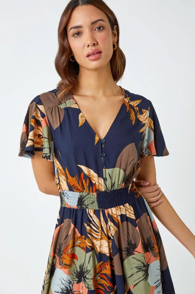 Women Navy Angel Sleeve Floral Print Midi Dress Roman Dresses