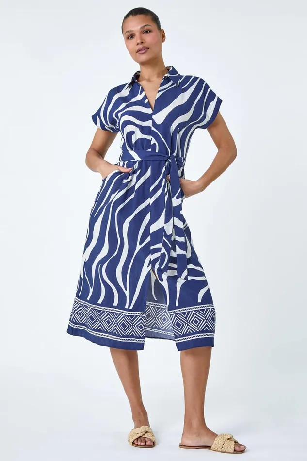Women Navy Animal Border Print Pocket Midi Dress Roman Dresses