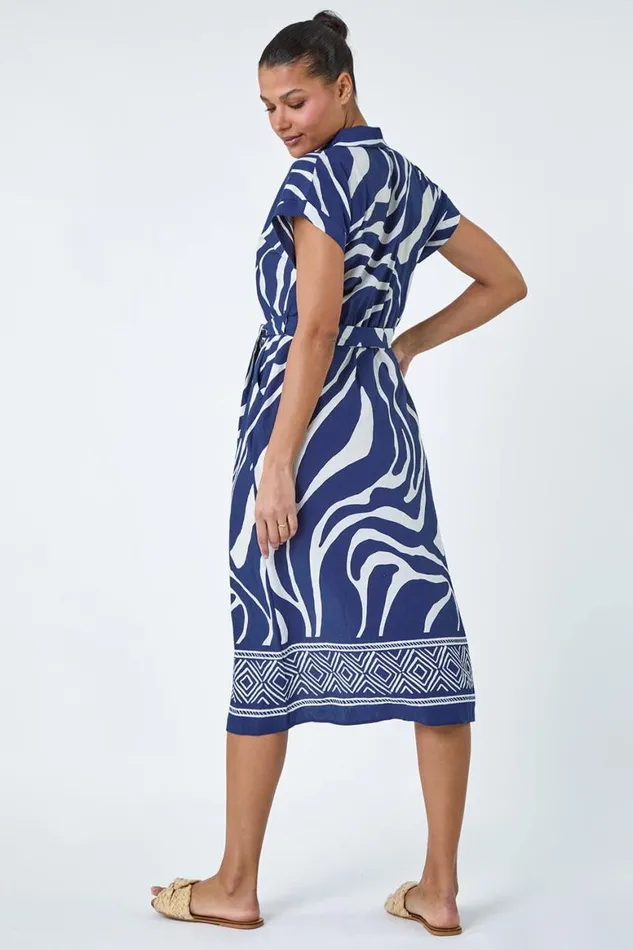 Women Navy Animal Border Print Pocket Midi Dress Roman Dresses