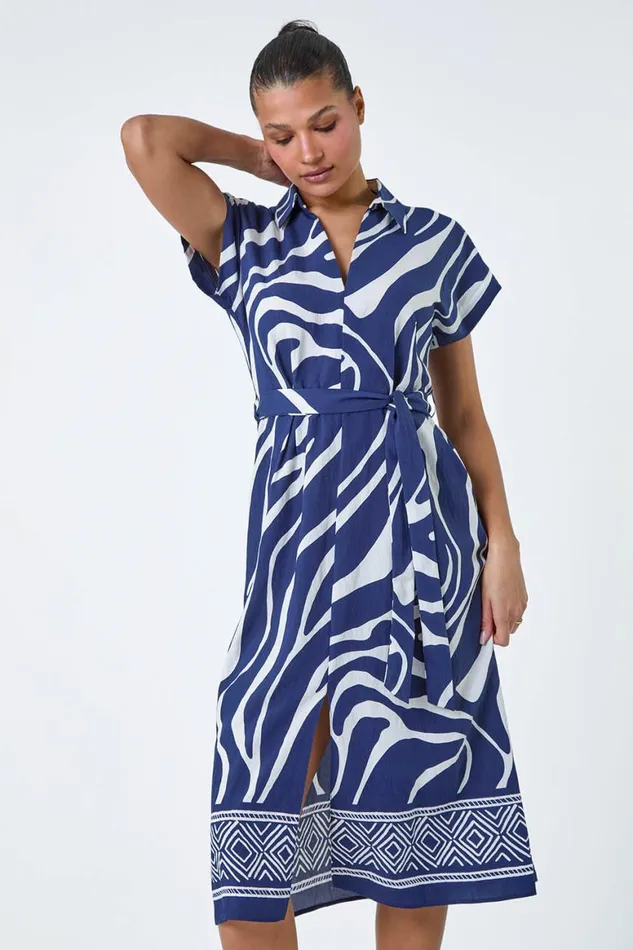 Women Navy Animal Border Print Pocket Midi Dress Roman Dresses