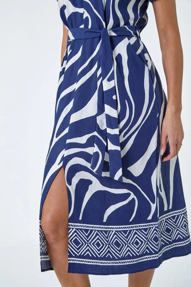 Women Navy Animal Border Print Pocket Midi Dress Roman Dresses
