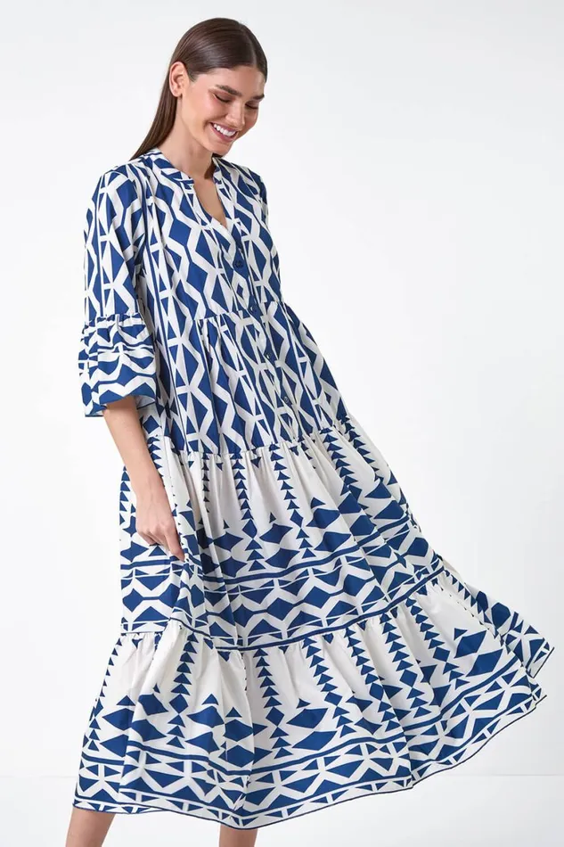 Women Navy Aztec Print Tiered Midi Smock Dress Roman Dresses