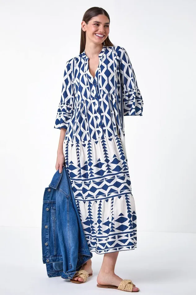 Women Navy Aztec Print Tiered Midi Smock Dress Roman Dresses