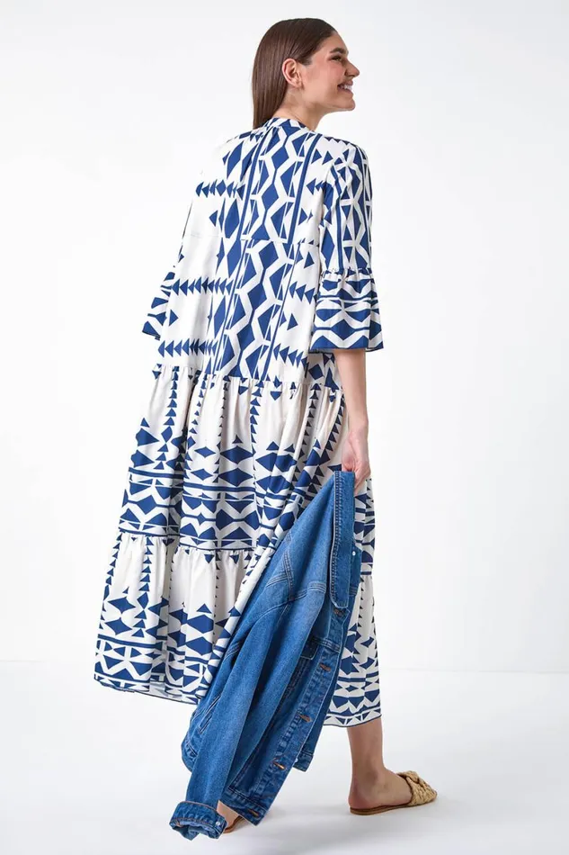 Women Navy Aztec Print Tiered Midi Smock Dress Roman Dresses