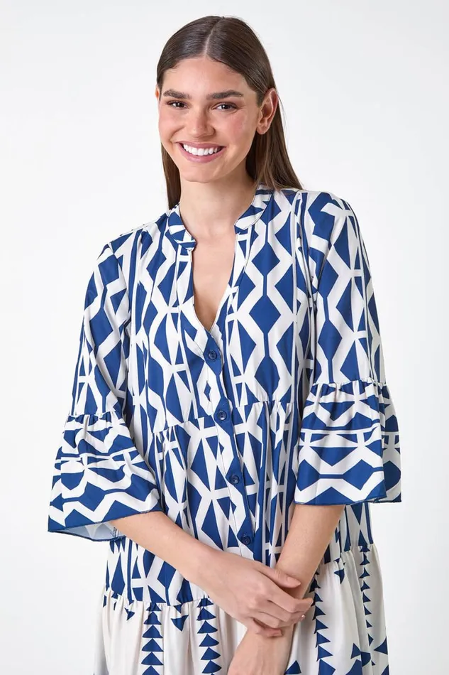 Women Navy Aztec Print Tiered Midi Smock Dress Roman Dresses