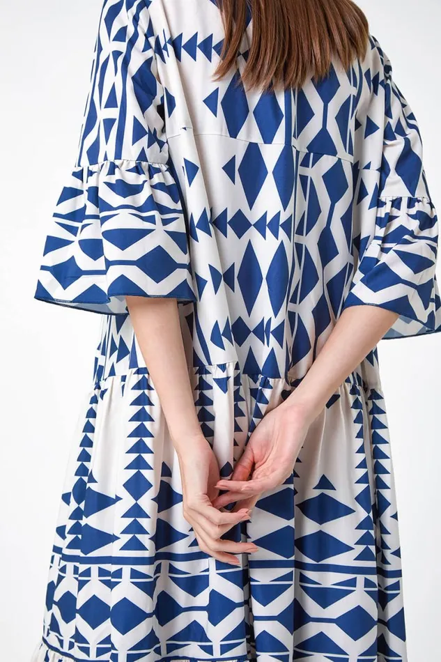 Women Navy Aztec Print Tiered Midi Smock Dress Roman Dresses