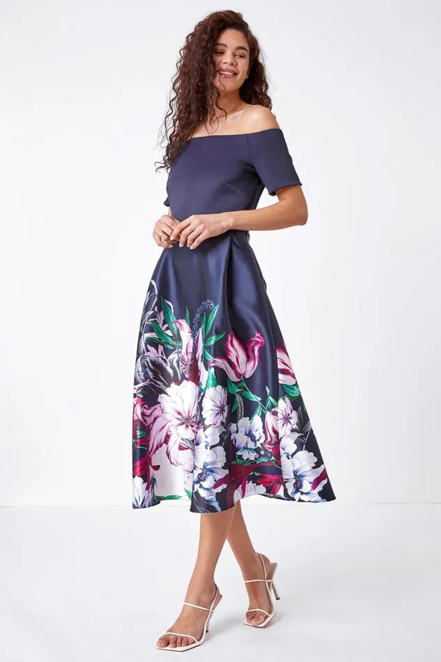 Women Navy Bardot Floral Fit and Flare Dress Roman Dresses