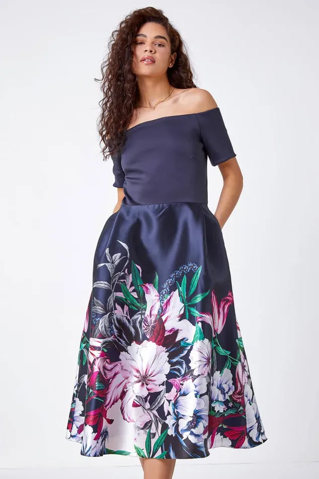Women Navy Bardot Floral Fit and Flare Dress Roman Dresses