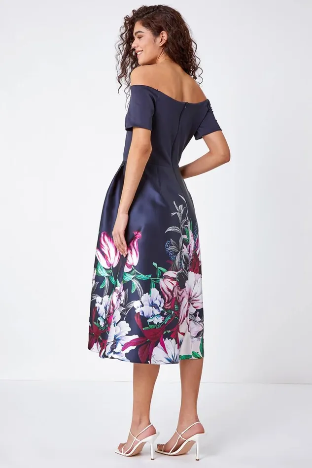Women Navy Bardot Floral Fit and Flare Dress Roman Dresses