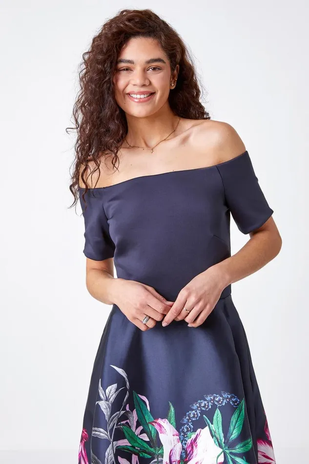Women Navy Bardot Floral Fit and Flare Dress Roman Dresses