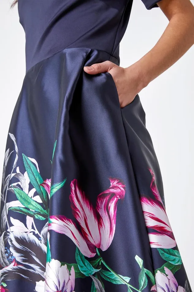 Women Navy Bardot Floral Fit and Flare Dress Roman Dresses