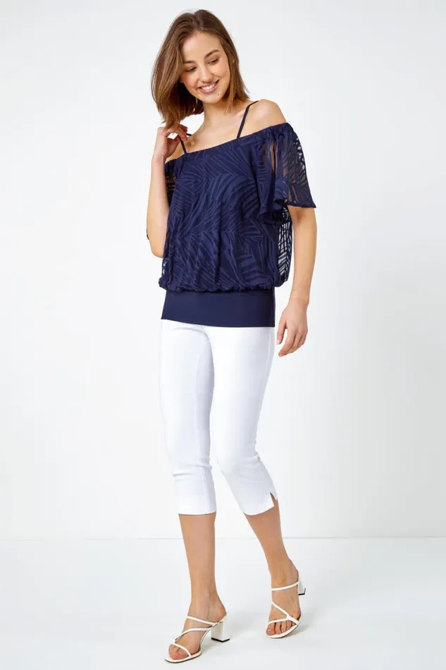 Women Navy Burnout Palm Print Cold Shoulder Top Roman Tops