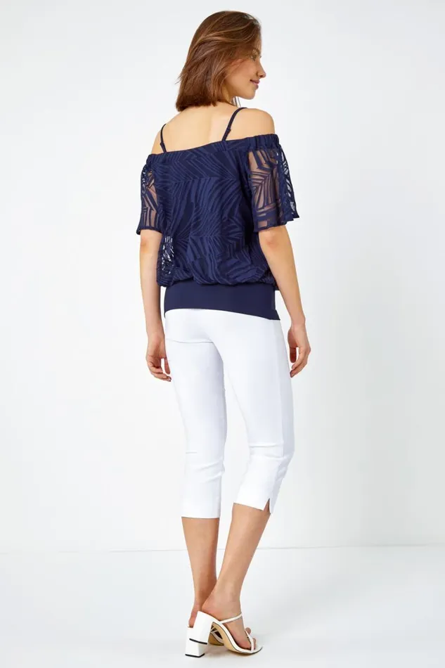 Women Navy Burnout Palm Print Cold Shoulder Top Roman Tops