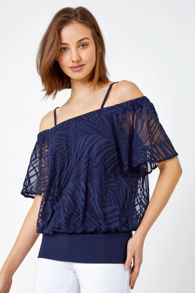 Women Navy Burnout Palm Print Cold Shoulder Top Roman Tops