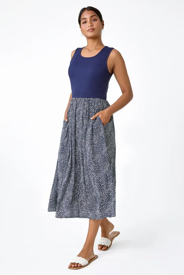 Women Navy Contrast Spot Stretch Jersey Pocket Dress Roman Dresses