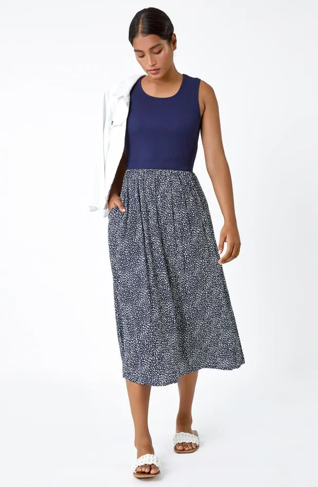 Women Navy Contrast Spot Stretch Jersey Pocket Dress Roman Dresses