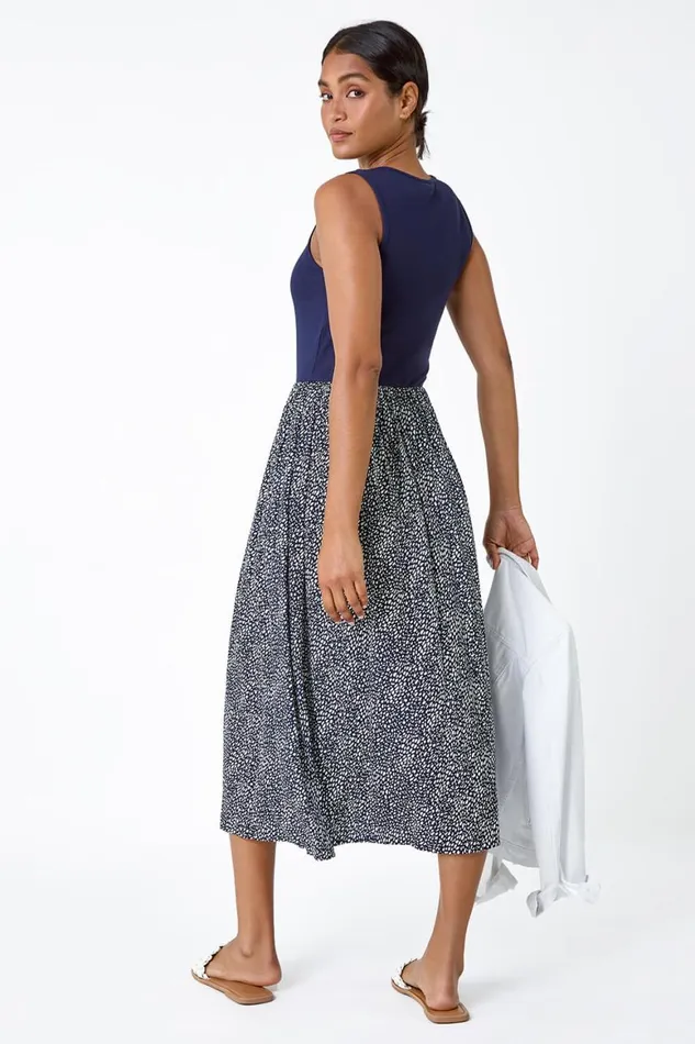 Women Navy Contrast Spot Stretch Jersey Pocket Dress Roman Dresses