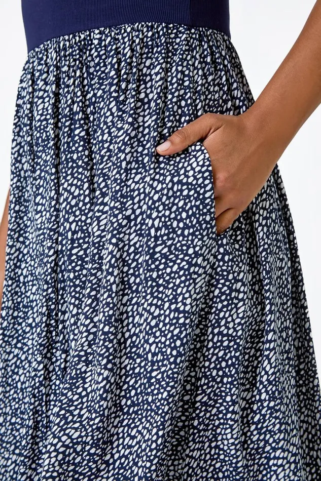 Women Navy Contrast Spot Stretch Jersey Pocket Dress Roman Dresses