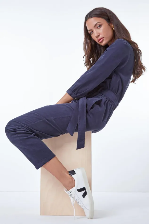 Women Navy Corduroy Belted Jumpsuit Roman Dresses