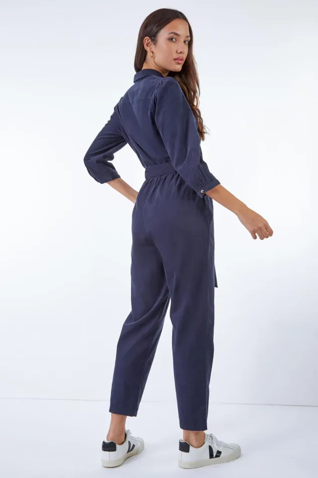 Women Navy Corduroy Belted Jumpsuit Roman Dresses