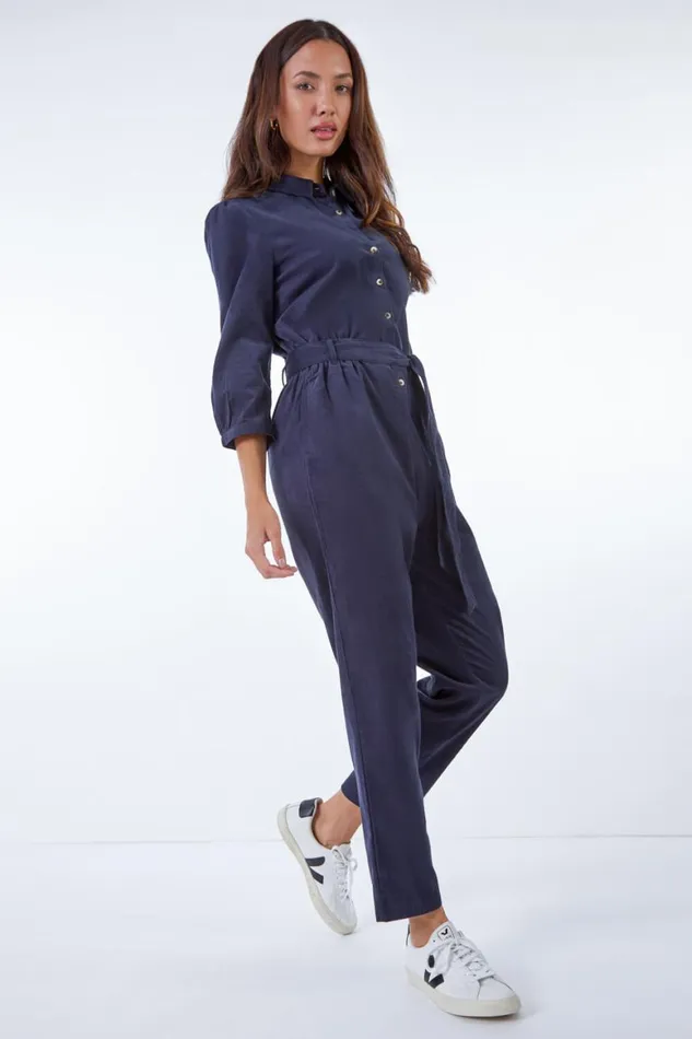 Women Navy Corduroy Belted Jumpsuit Roman Dresses