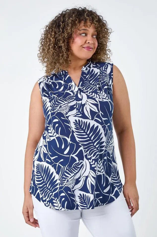 Women Navy Curve Leaf Print VNeck Stretch Top Roman Tops