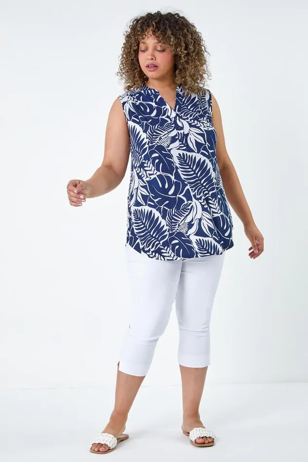 Women Navy Curve Leaf Print VNeck Stretch Top Roman Tops