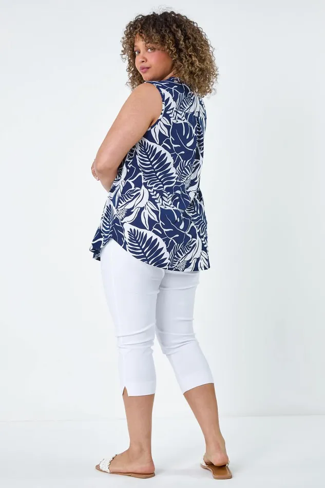 Women Navy Curve Leaf Print VNeck Stretch Top Roman Tops