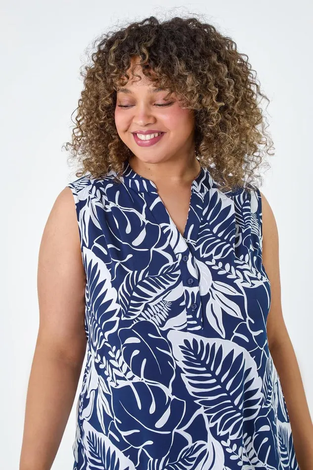 Women Navy Curve Leaf Print VNeck Stretch Top Roman Tops