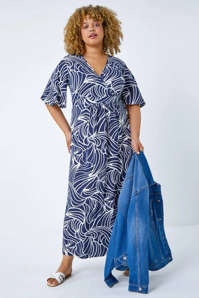 Women Navy Curve Linear Print Midi Wrap Dress Roman Dresses