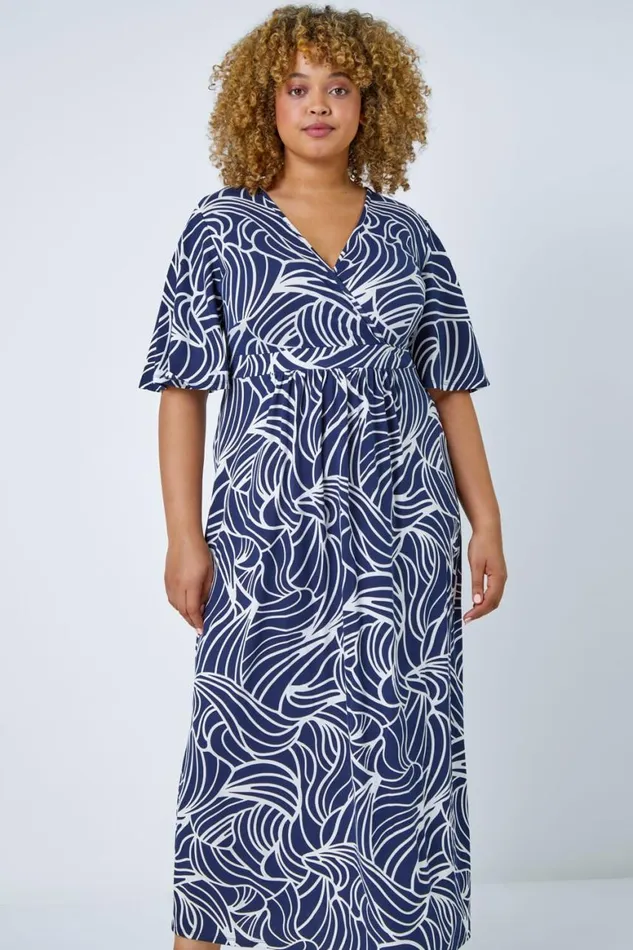 Women Navy Curve Linear Print Midi Wrap Dress Roman Dresses