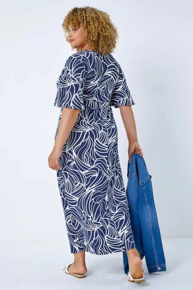 Women Navy Curve Linear Print Midi Wrap Dress Roman Dresses