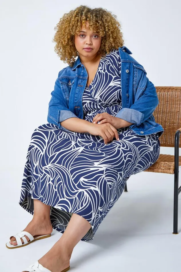 Women Navy Curve Linear Print Midi Wrap Dress Roman Dresses
