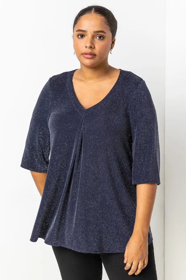 Women Navy Curve Sparkle VNeck Tunic Top Roman Tops