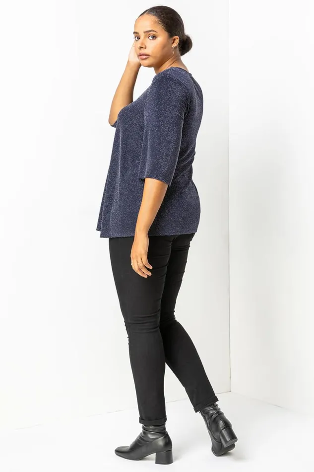 Women Navy Curve Sparkle VNeck Tunic Top Roman Tops