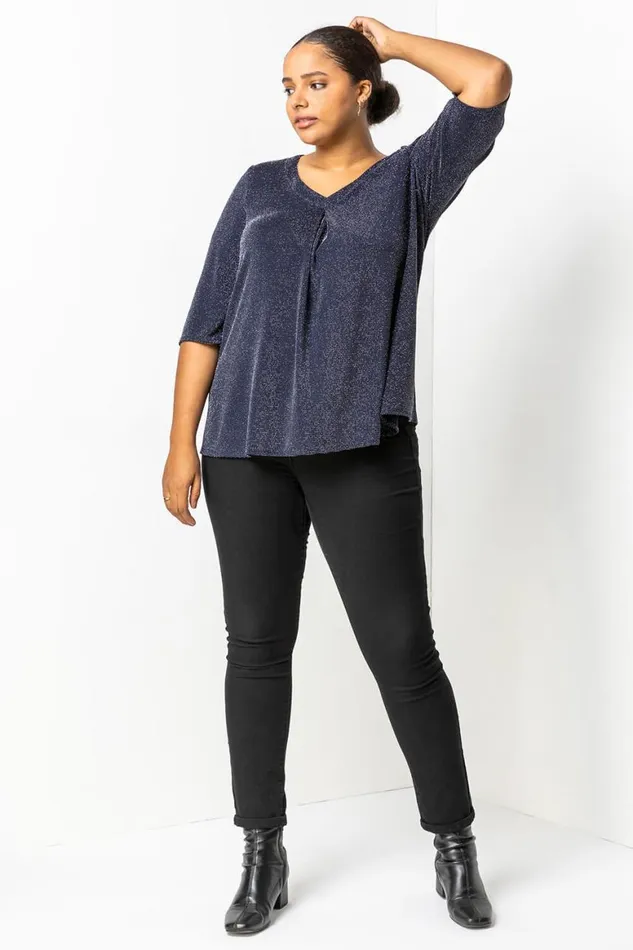Women Navy Curve Sparkle VNeck Tunic Top Roman Tops