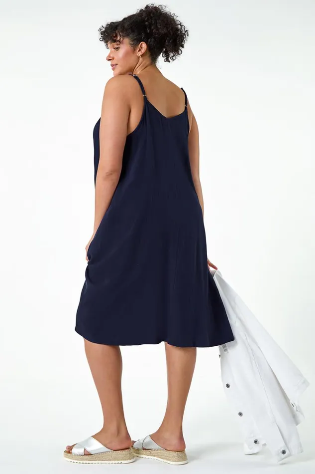 Women Navy Curve Strappy Cotton Pocket Dress Roman Dresses