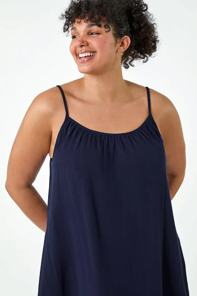 Women Navy Curve Strappy Cotton Pocket Dress Roman Dresses