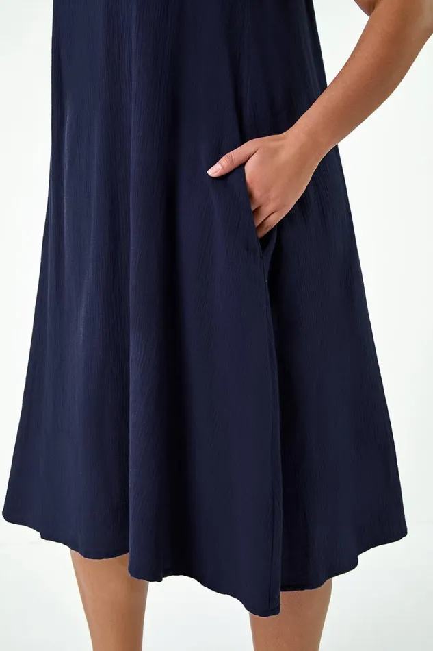 Women Navy Curve Strappy Cotton Pocket Dress Roman Dresses