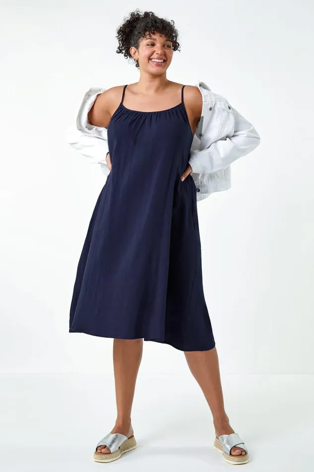 Women Navy Curve Strappy Cotton Pocket Dress Roman Dresses