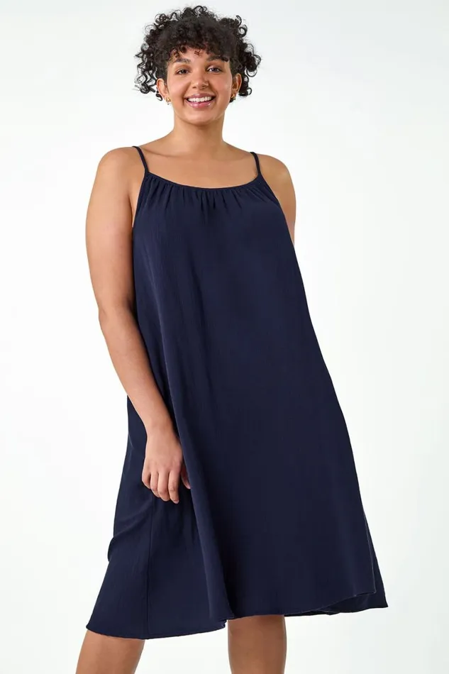 Women Navy Curve Strappy Cotton Pocket Dress Roman Dresses