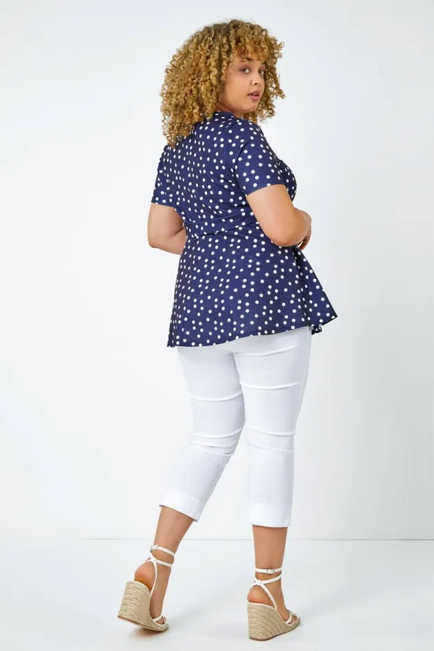 Women Navy Curve Stretch Polka Dot Peplum Top Roman Tops