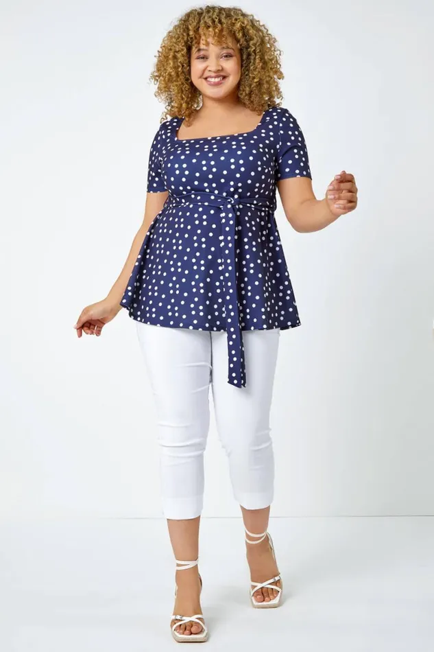 Women Navy Curve Stretch Polka Dot Peplum Top Roman Tops