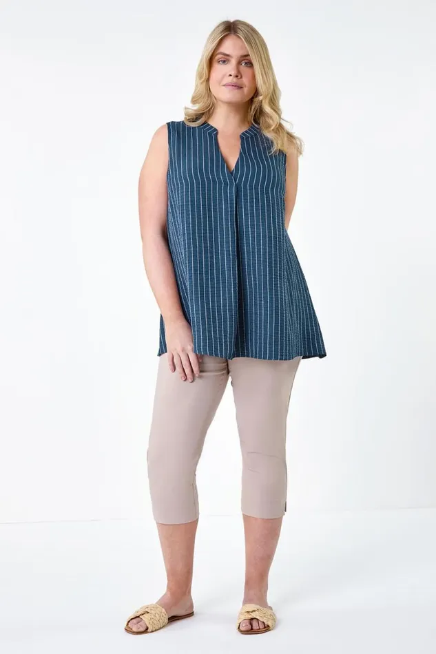Women Navy Curve Stripe Print Linen Look VNeck Vest Top Roman Tops